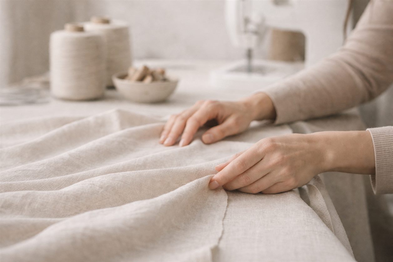 Hands smoothing natural linen fabric